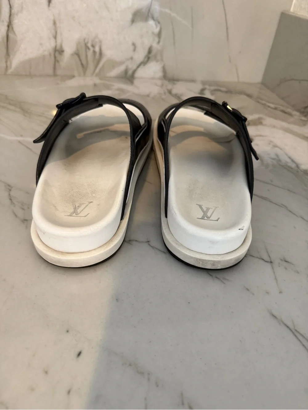 Louis Vuitton Black and White Kids Double-Buckle Slide Sandals